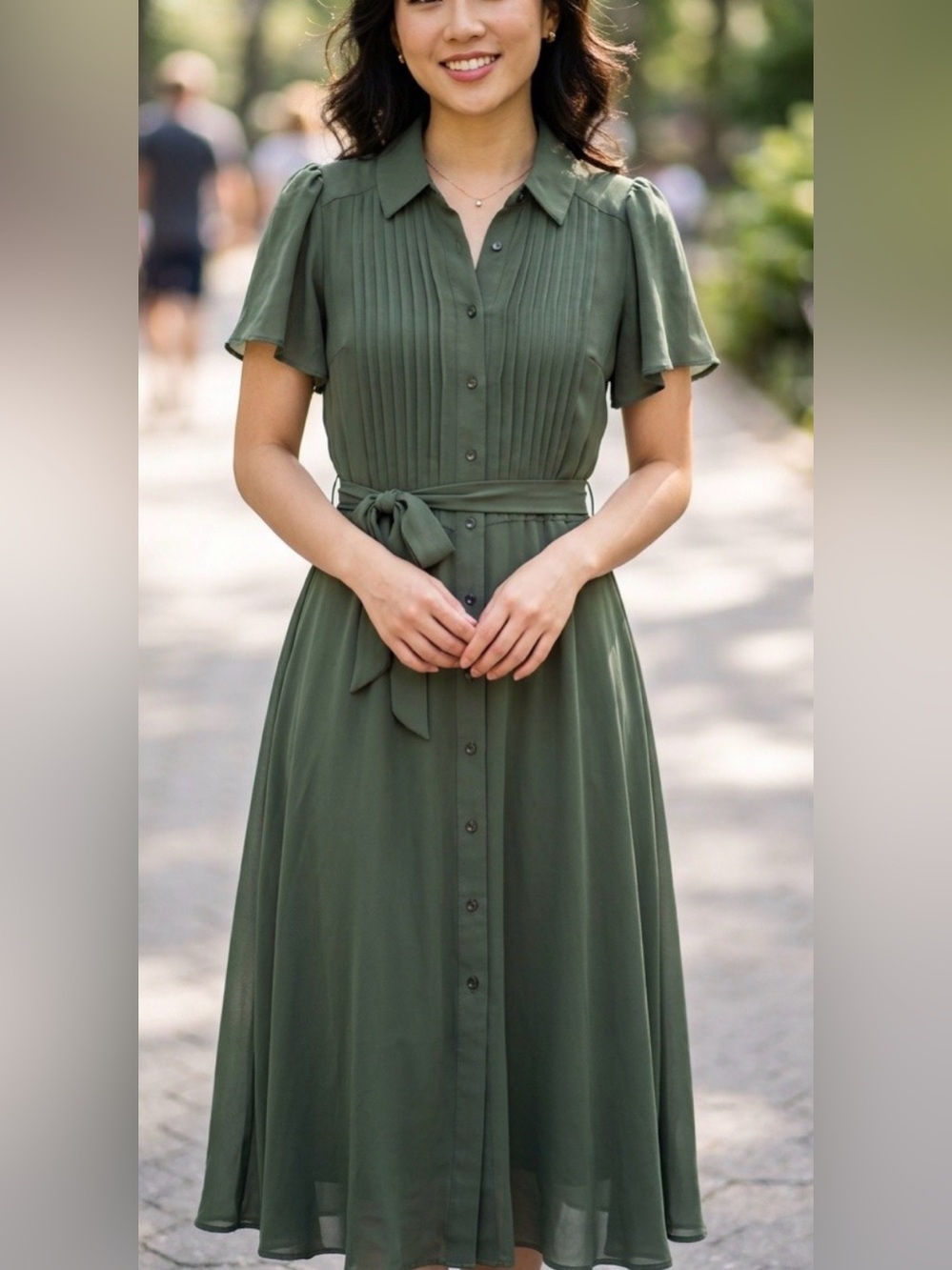 Nanette Lepore Olive Green Pintuck Button-Front Dress, Excellent Condition